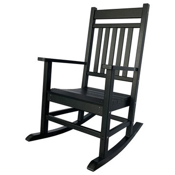 Classic Outdoor Rocking Chair, HDPE Construction With Slatted Back, Black Finish