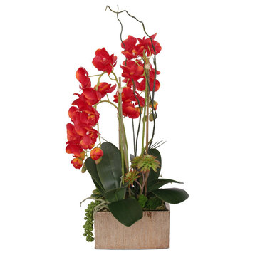 Real Touch Red Orchid Succulent Flower Arrangement, Square Gold Pot