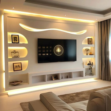 Modern TV Wall Unit with 3D Gypsum & LED Lighting