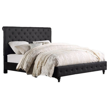 Best Master Furniture Ashley Tufted Transitional Linen Fabric Queen Bed in Black