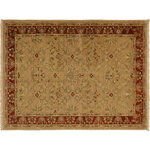 Bareens Designer Rugs - Classic Ziegler Fatima Tan Rust Hand-Knotted Wool Rug - 4'1'' x 5'9'' - Enhance the ambiance of your home with this magnificent Persian-influenced Turkish hand-knotted rug made by skilled artisans capable of creating the most exceptional vegetable dyes and hand-spun wool. This exquisite handmade rug is a one-of-a-kind Peshawar Kafkaz, otherwise identified as Chobi, Chobi Peshawar, Oushak, or Ziegler rug. These handmade rugs are crafted in Pakistan utilizing superior-quality wool imported from Australia, New Zealand, and Korea in two types of weaves: the Persian weave and the Mori weave. This rug is meticulously crafted by hand using the finest natural vegetable dyes extracted from local plants. The artisans use a blend of hand-spun local and fine merino wool, resulting in a rug with a compelling texture, higher lanolin content, and longer staple. The artisans occasionally incorporate natural or artificial silk into the pile to enhance specific motifs. The finished product is an awe-inspiring execution of flawless design and an understated palette that exudes elegance.