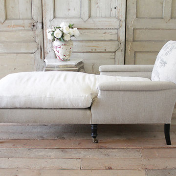 Antique Style Chaise Longue with Antique German Feed Sack Upholstery