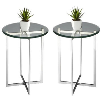 Home Square Glass Top Accent Table in Silver Finish - Set of 2
