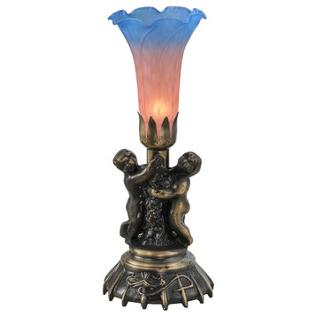 Meyda Lighting 13" Twin Cherub Pond Lily Mini Lamp, Pink Blue