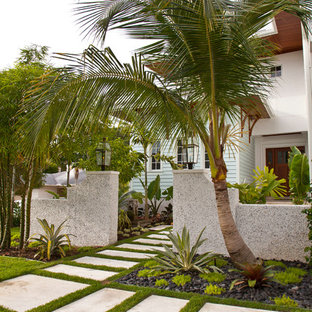 This is an example of a mid-sized tropical front yard full sun garden for winter in Tampa with a garden path and concrete pavers.