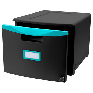 One Drawer Mini File Cabinet with Lock & Casters, Legal/Letter, Black/Teal