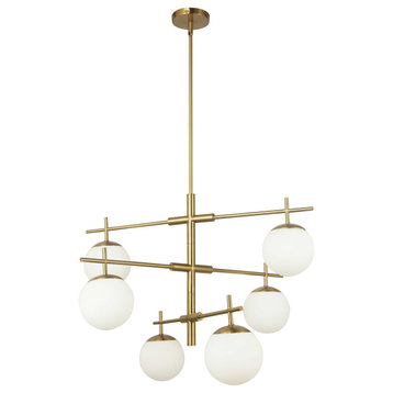CAE-306C-AGB 6 Light Halogen Chandelier, Aged Brass with White Opal Glass