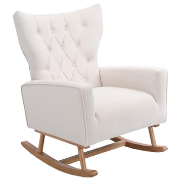 Modern Rocking Chair, Padded Seat With Diamond Button Tufted Wingback, White