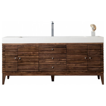 72 Inch Walnut Bathroom Vanity, Single Sink, Glossy White Solid Surface, Outlets