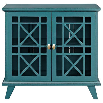Modern Farmhouse Storage Cabinet, Unique Geometric Patterned Doors, Teal
