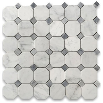 Carrara White Bardiglio Gray Marble 2" Octagon Mosaic Tile Honed, 1 sheet