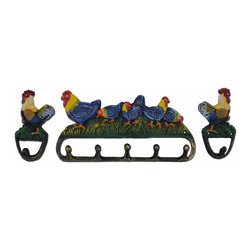 Import Wholesales - Rooster and Chickens Wall Hook 3 Piece Set, Colorful Painted Cast Iron - Wall Hooks