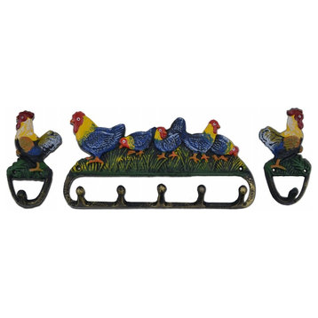 Rooster and Chickens Wall Hook 3 Piece Set, Colorful Painted Cast Iron