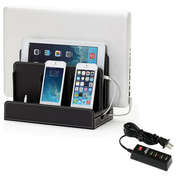 Multi-Device Charging Station & Dock, Black Leatherette, With 4-Port Usb Power Strip