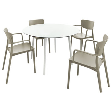 Lisa Round Dining Set With 47" White Table and Taupe Armcairs