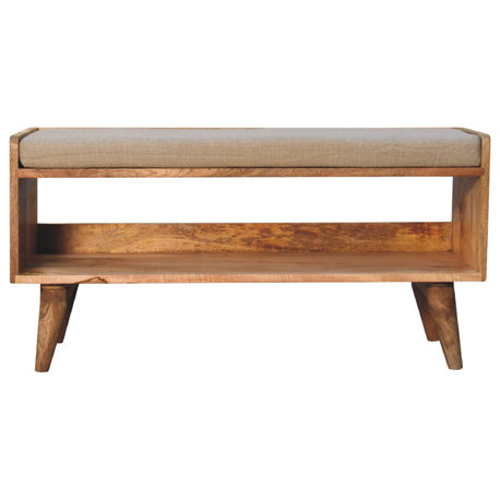 Solid Wood Oak-ish Nordic Storage Bench With Mud Linen, Brown, Upholstered