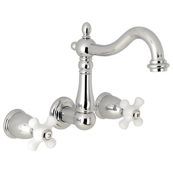 Wall Mount Bathroom Faucet, High Arc Swivel Spout With Crossed Handles, Chrome
