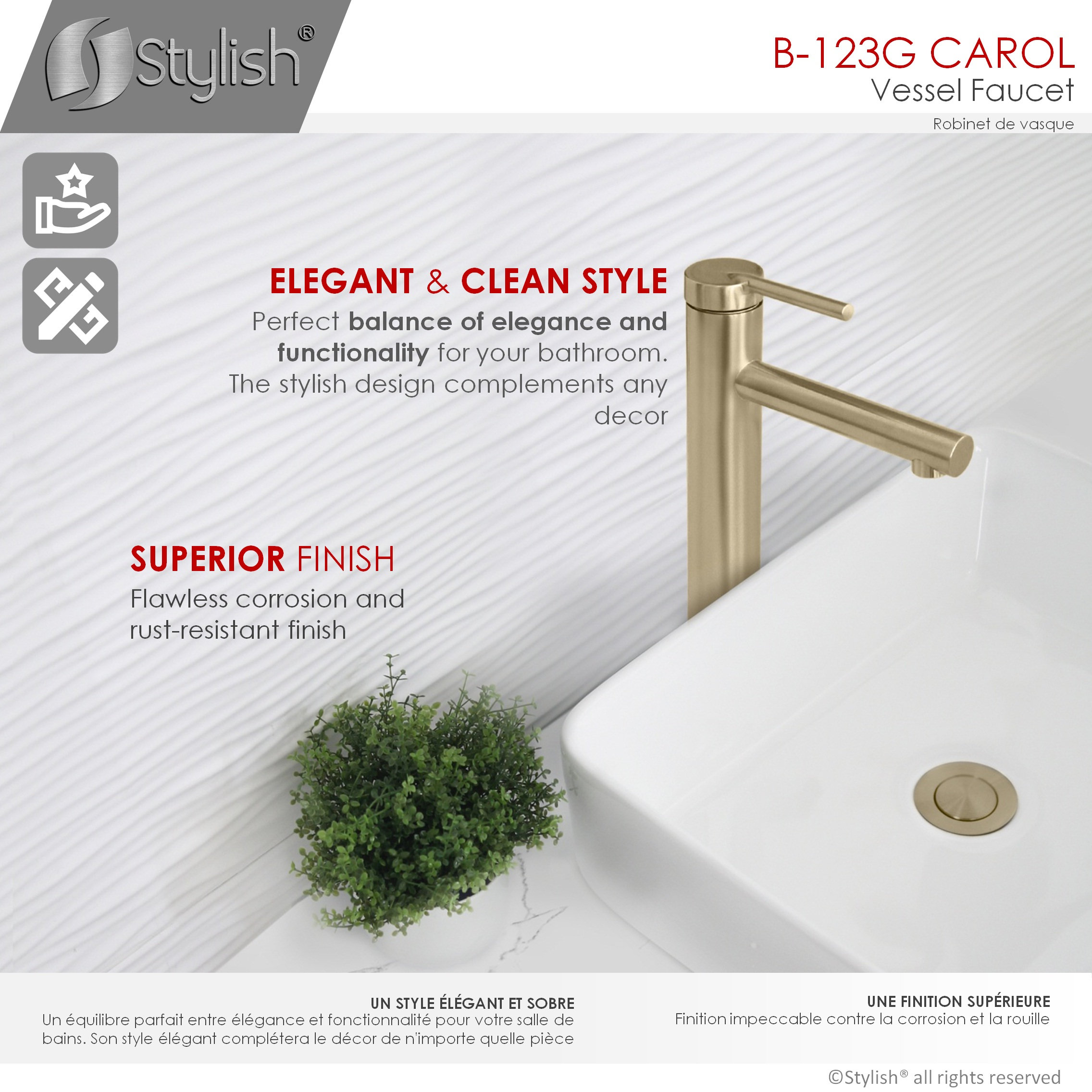 STYLISH Single Handle Bathroom Vessel Sink Faucet, Stainless Steel Brushed Gold