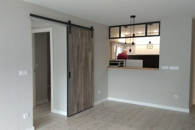 Modelo de sala de estar cerrada escandinava de tamaño medio con paredes grises, suelo laminado y suelo blanco