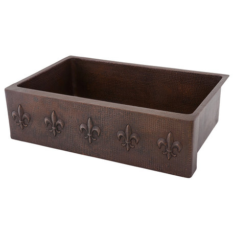 33" Hammered Copper Kitchen Apron Single Basin Sink With Fleur De Lis