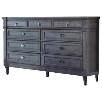 Benzara BM280355 Dresser, 9 Drawers, Metal Ring Handles, Wood, Gray and Silver