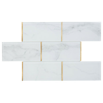 Modket 4"x8" White Calacatta Glass Subway Gold Trim Tile Backsplash TDH78MDR