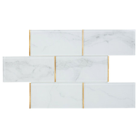 Modket 4"x8" White Calacatta Glass Subway Gold Trim Tile Backsplash TDH78MDR