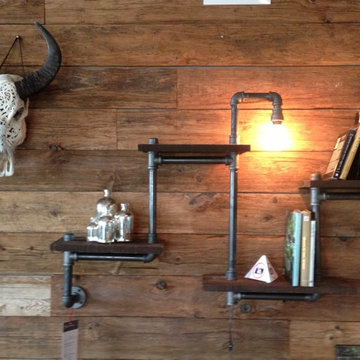Rustic Industrial Wood & Pipe Shelving Unit with Light