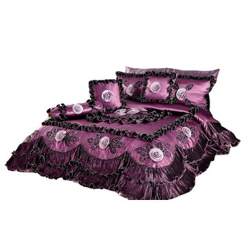 Tache 6 Pieces Midnight Bloom Purple Satin Sateen Comforter Quilt Set, King