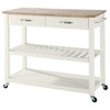 Natural Wood Top Kitchen Cart/Island With Optional Stool Storage, White Finish