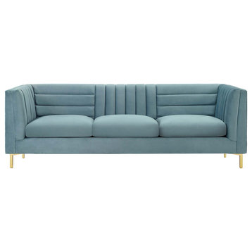 Ingenuity Channel Tufted Performance Velvet Sofa, Light Blue