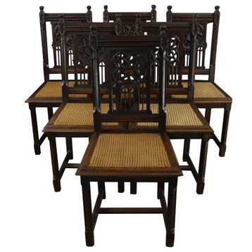 Consigned Antique Dining Chairs Gothic French 1890 Set 6 Carved Oak Cane Rattan