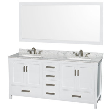 Sheffield 72" White DBL Vanity,Carrara Marble Top,3-Hole Square Sinks,70" Mirror