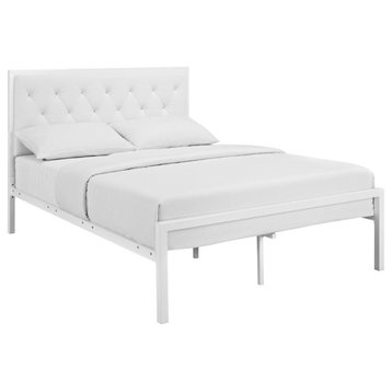 Modern Contemporary Full Size Vinyl Bed Frame, White Faux Leather