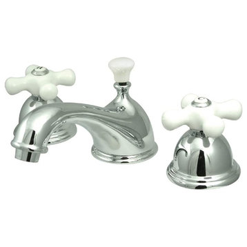Traditional Bathroom Faucet, Widespread & Cross White Handles, Polished Chrome