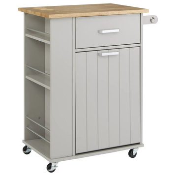 Contemporary Kitchen Cart, Pull Out Garbage Cabinet & Side Open Shelves, Gray