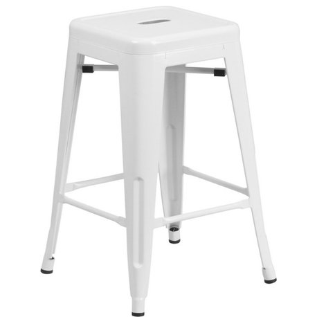 24"High Backless White Metal Indoor-Outdoor Counter Height Stool, Square Seat