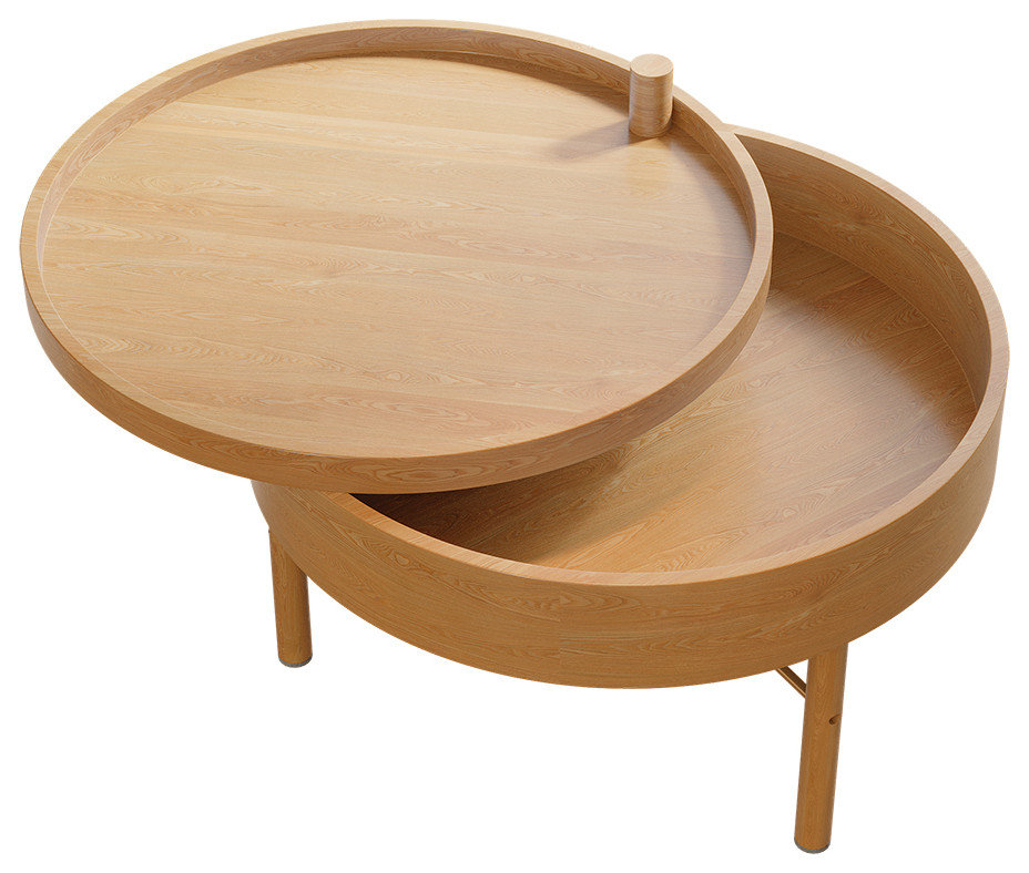 Modern Round Wood Rotating Tray Coffee Table With Storage, Natural
