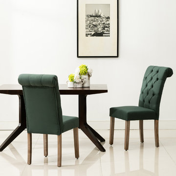 Natalie Roll Top Tufted Linen Fabric Modern Dining Chair (Set of 2)