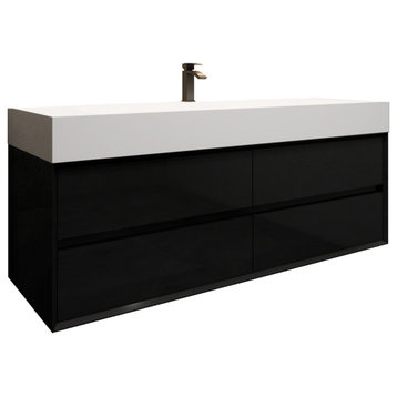 MAX 60" Single Floating Bath Vanity With Acrylic Sink, Gloss Black