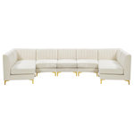 Meridian Furniture - Alina Velvet Modular U-Shaped Sectional, Cream, 7-Piece: 5 Armless Chair, 2 Corner Chair - Bring modern beauty to your space with the addition of this Alina Velvet Modular sectional. This beautiful sectional features deep channel tufting to ramp up its visual interest and add to its resilient demeanor. Its soft cream velvet upholstery blends nicely with existing elements in your room and is sleek to the touch, making this seat a super comfortable one. Part of the modular Alina collection, this sectional has a latch that attaches it to other pieces to create your custom seating arrangement.