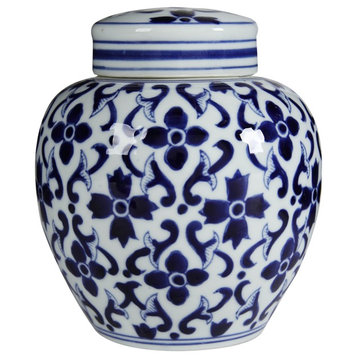 Traditional Style Urn Shape Ceramic Lidded Jar with Floral Pattern, White and Bl