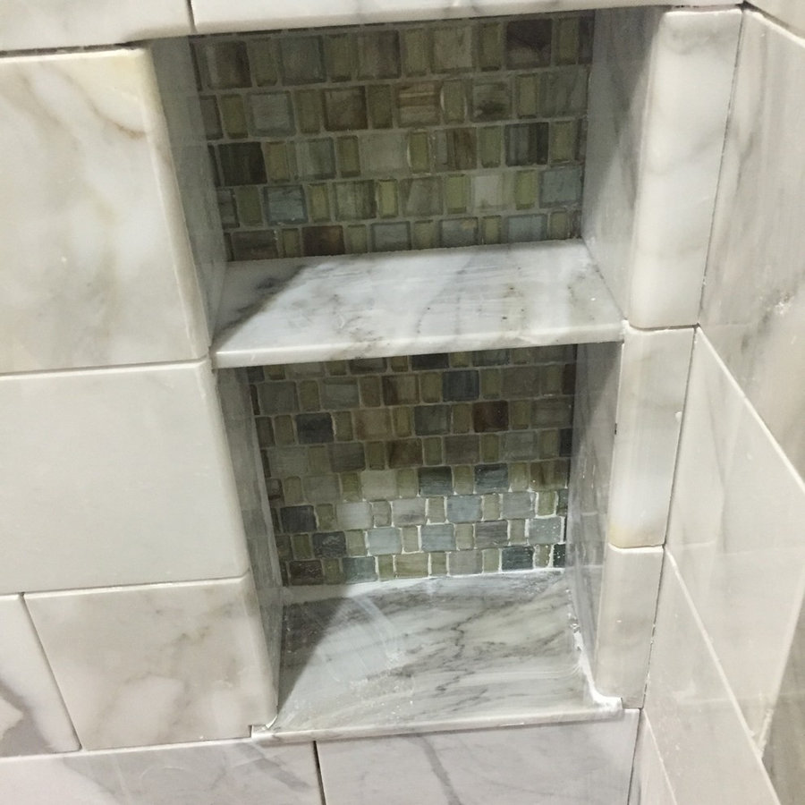 Beautiful Green glass in custom built niche
Carrara marble from quarry in Carrar