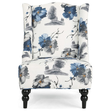 Contemporary Accent Chair, Turned Legs With Padded Seat & Wingback, Floral Print