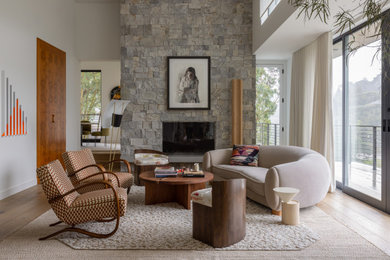 Inspiration for a contemporary medium tone wood floor and brown floor living room remodel in San Francisco with white walls, a standard fireplace and a stone fireplace