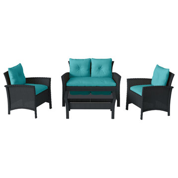Cascade Wicker Rattan Patio Set With Turquoise Cushions 4pc
