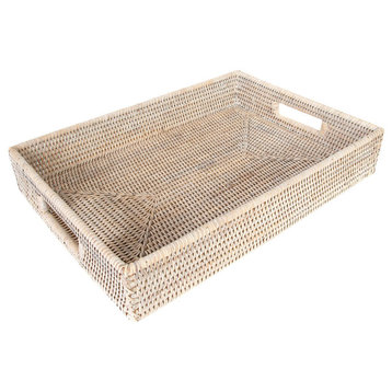 Artifacts Rattan Rectangular Tray With Cutout Handles, White Wash