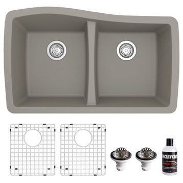 Karran Undermount Quartz 33" 50/50 Double Bowl Kitchen Sink Kit, Concrete