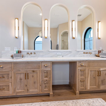Primary Bath Double Vanity Wide View | Tuscan Farmhouse