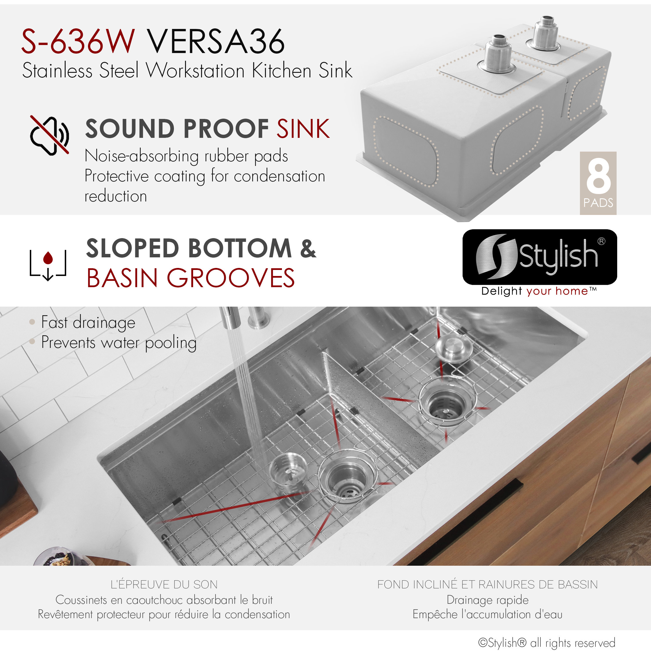 STYLISH 36 Undermount 36" Double-bowl Workstation Kitchen Sink S-636W